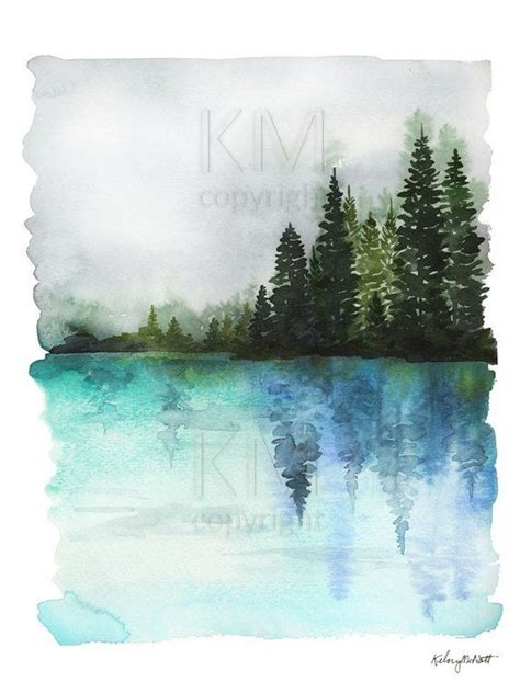 Misty Waters Blue Watercolor Painting Forest Print Nature Etsy