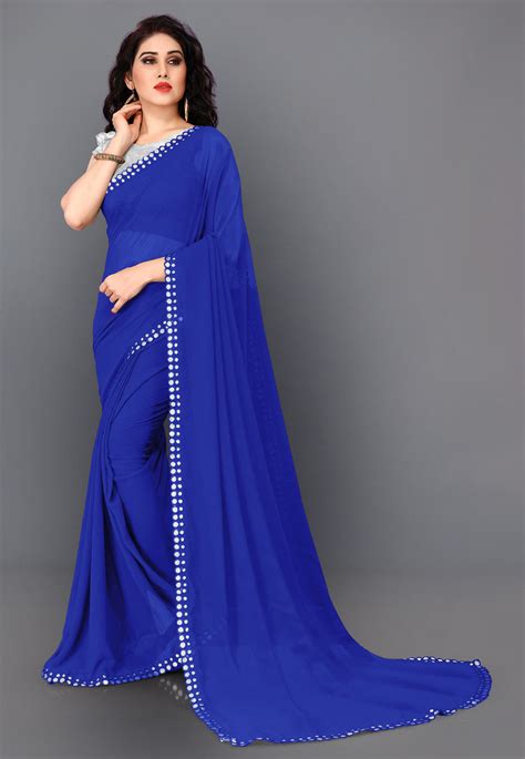 embroidered border georgette saree in royal blue sjra2272