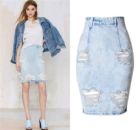 2017 Spring High Waist Push Up Denim Skirts Womens Cotton Europe Hole Ripped Vintage Jeans Skirt