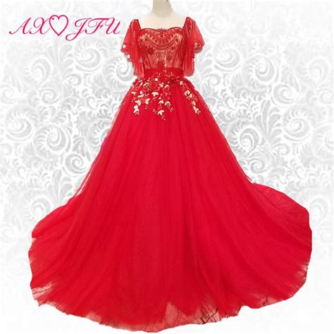 Axjfu Luxury Princess Lace Flower Red Evening Dress Vintage Navy Blue Beading Turkey Long