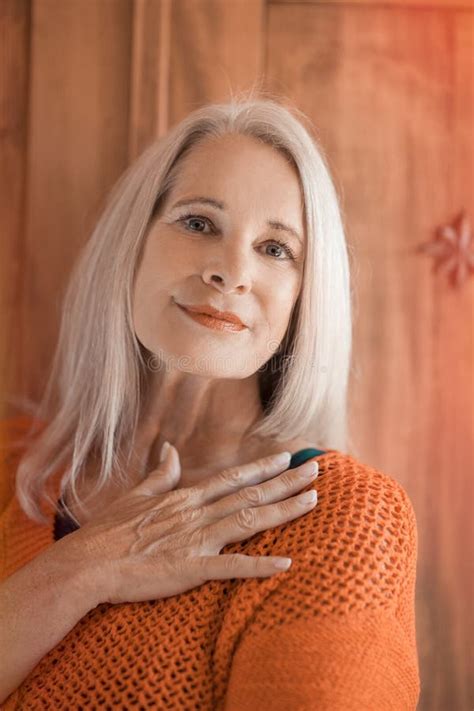 Stunning Beautiful And Self Confident Best Aged Woman With Grey Hair Smiling Into Camera Stock