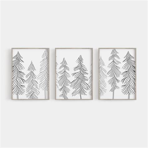 Pine Tree Line Triptych Print Set Three Modern Cabin Decor Etsy