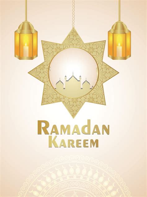 Ramadan Kareem Realistic Design With Elegant Golden Lantern And Mosque