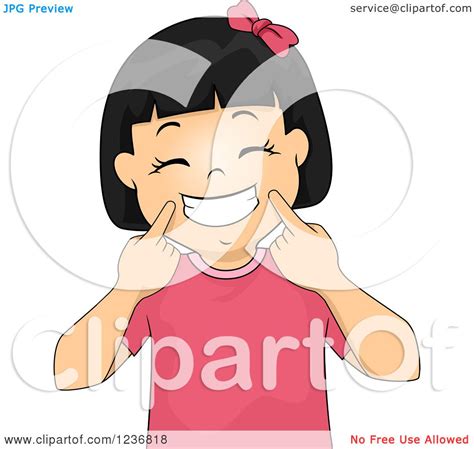 Clipart Of A Happy Asian Girl Holding Up Corners Of Her Mouth And Grinning Royalty Free Vector