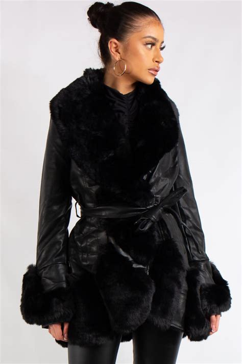 Ailani Black Pu Faux Leather Faux Fur Trim Belted Coat