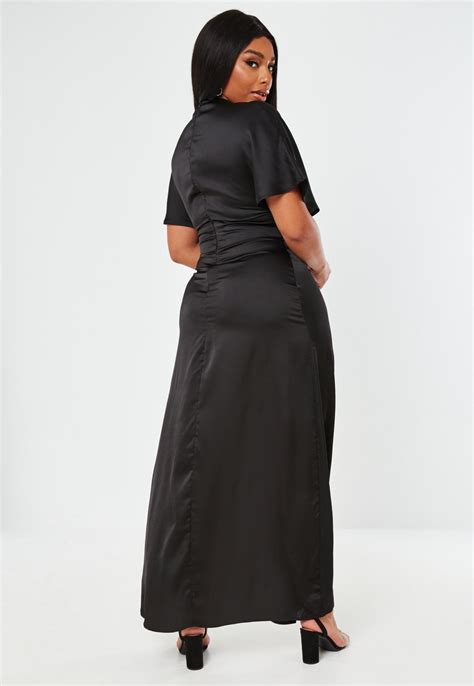 Plus Size Black Satin Short Sleeve Kimono Maxi Dress Missguided