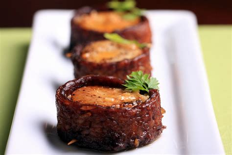 Vegan fine dining is a growing trend; Vegan Bacon-Wrapped Scallops with Paprika Cream Sauce