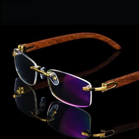 vazrobe wood gold glasses frame men rimless wooden temple alloy rim eyeglasses for male custom