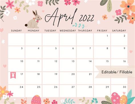 Editable April 2022 Calendar Easter Day Printable Calendar Etsy Australia
