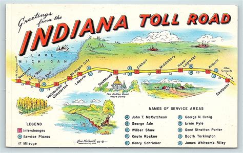 Postcard In Map Of Indiana Toll Road Service Areas D12 United States