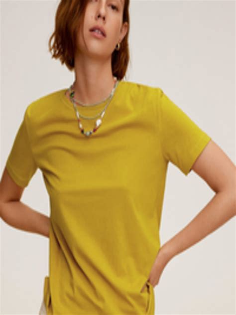 Buy Mango Women Mustard Yellow Solid Round Neck Organic Cotton T Shirt Tshirts For Women