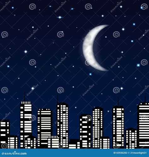 Night Sky With Moon Stars And Silhouette Of The City Stock Vector