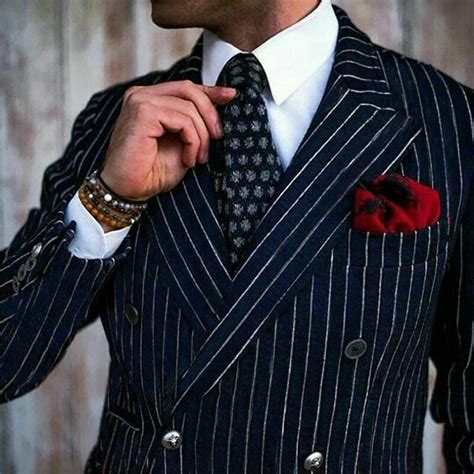 Navy Blue Stripe Men Suits Double Breasted Blazer Jacket Classic Groom
