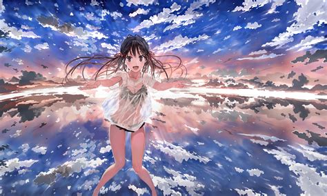 bikini black hair blush bob biyonbiyon breasts clouds long hair original reflection ribbons