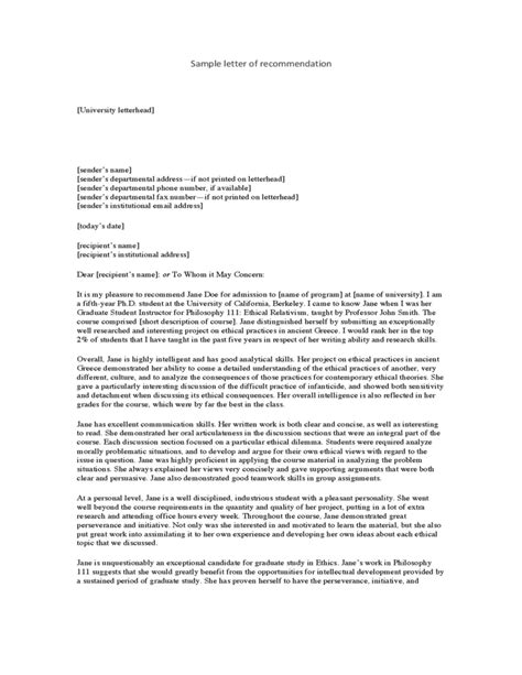 personal reference letter template university