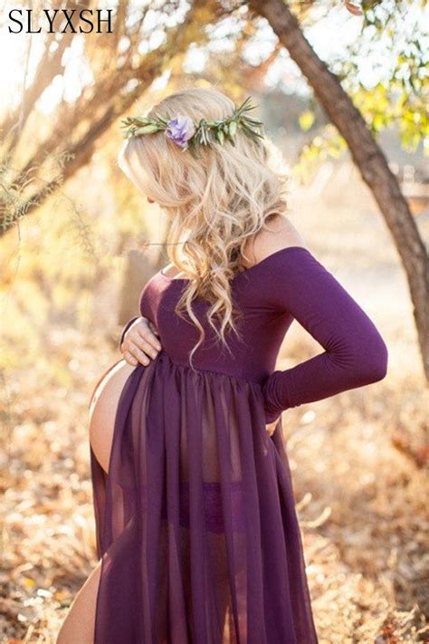 Slyxsh Maternity Dress For Photo Shoot Maxi Maternity Gown Split Front