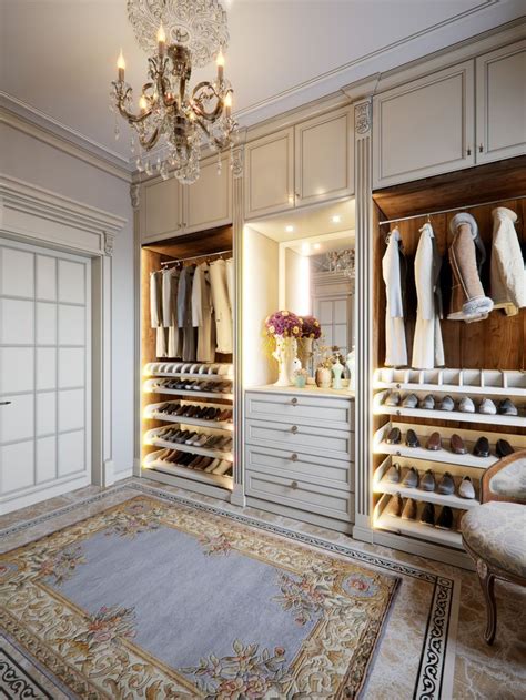White Walk In Closet And Wardrobe With Led Lighting Shoe Racks And