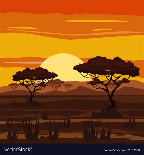 African Landscape Sunset Savannah Nature Trees Vector Image