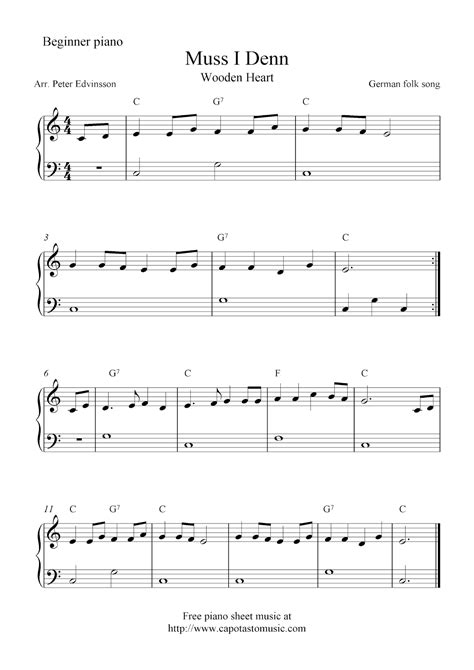 The best kind of sheet music for new beginners are the easy piano sheet music with letters already printed. Free easy piano sheet music for beginners, Muss I Denn (Wooden Heart)
