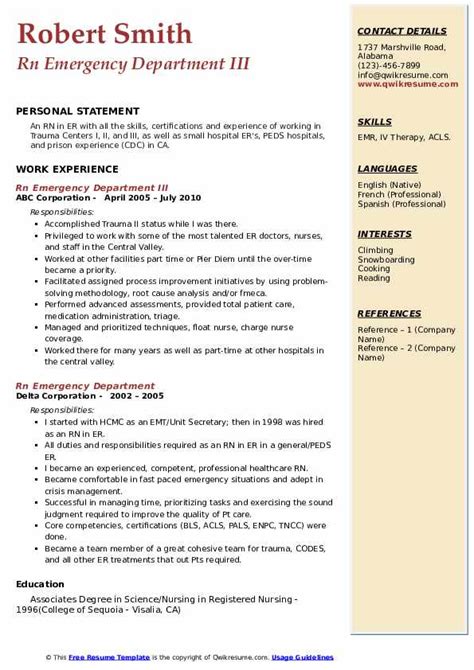 This emergency management planning guide is intended to provide support to public, independent and first nations schools in upholding their responsibilities during an emergency. Rn Emergency Department Resume Samples | QwikResume