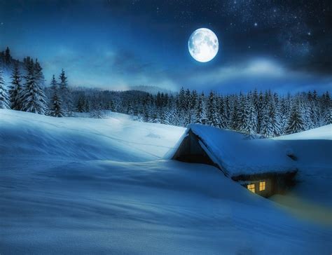 Full Moon Over Winter Cabin Hd Wallpaper Background Image 2048x1573