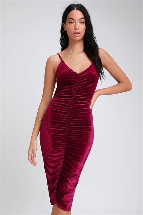 Catherine Wine Red Velvet Ruched Bodycon Midi Dress Red Bridesmaid