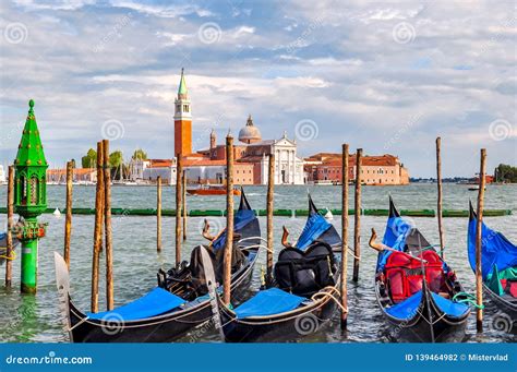 Venice Gondolas And San Giorgio Maggiore Island Italy Stock Photo