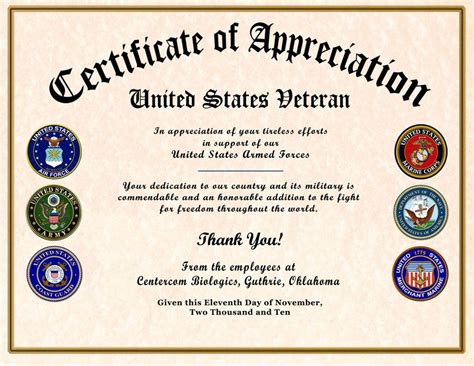 Free Printable Certificates Of Appreciation For Veterans Printable Templates