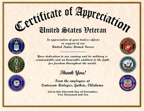 Veterans Day Free Printable Military Certificate Of Appreciation