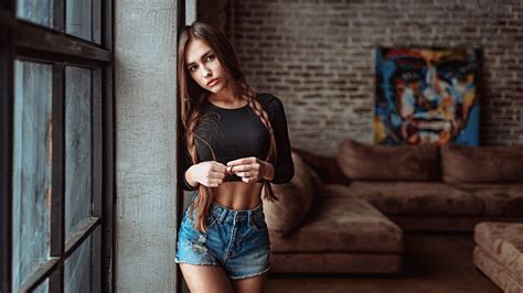 Wallpaper Model Depth Of Field Window Long Hair Looking At Viewer Sitting Tanned Wall