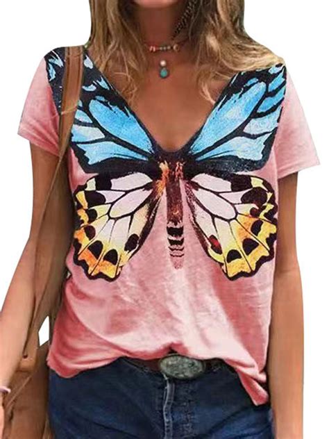 Sexy Dance Women Short Sleeve Butterfly Tops V Neck T Shirts Loose