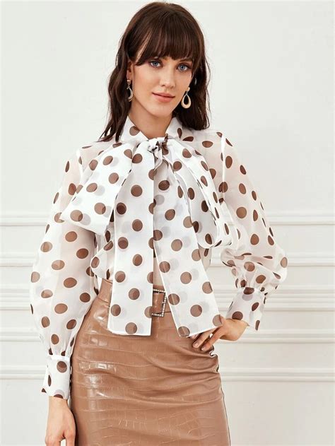 Tie Neck Polka Dot Sheer Top Polka Dot Blouse Outfit Outfits