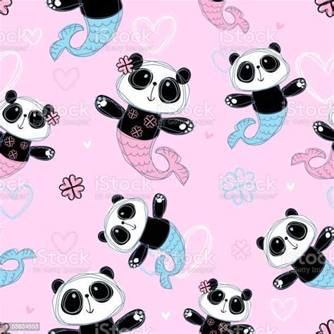Seamless Pattern Cute Panda Mermaid On Pink Background Vector Stock