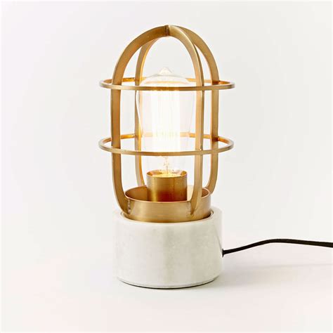 Gold wire cage shade white base table desk lamp. Mini Industrial Cage Lamp