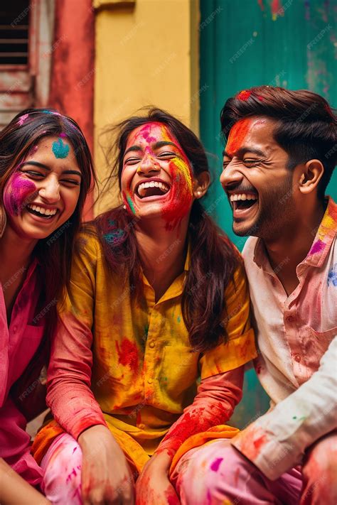 premium ai image a candid moment of indian friends laughing and smearing color on each others