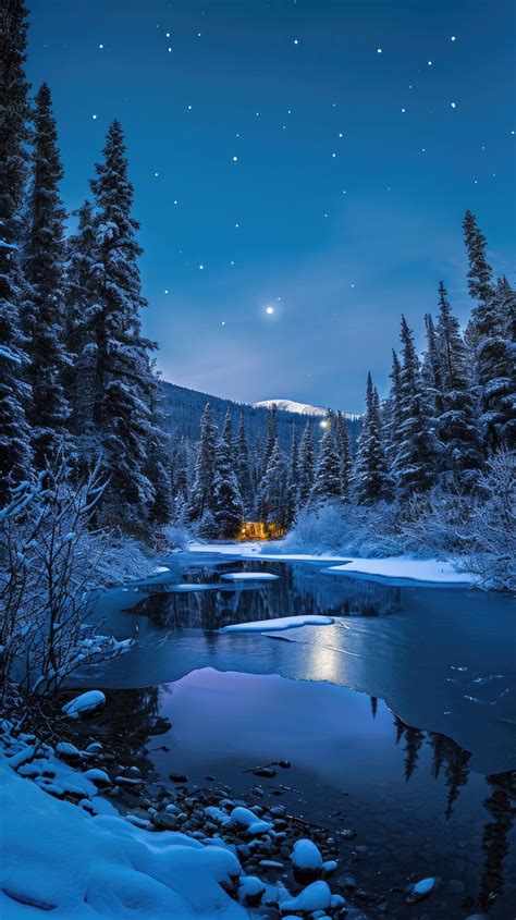 Winter Cabin Night Snowy Forest Wallpaper Serene Winter Landscape