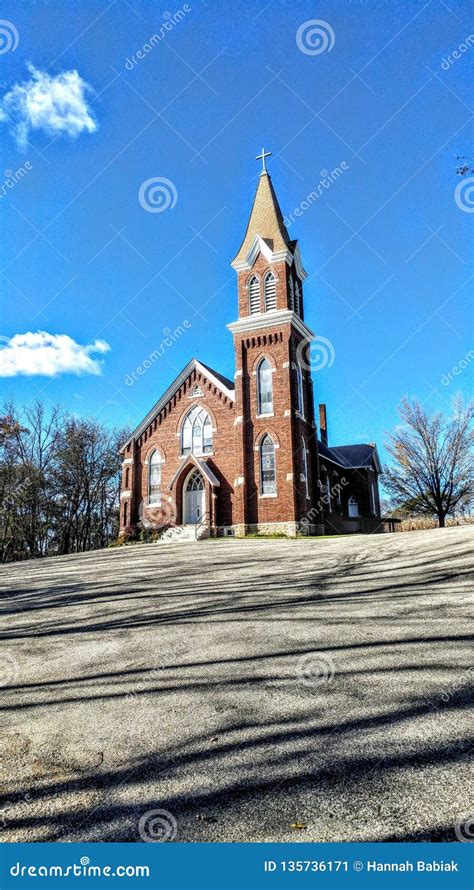 Red Brick Church Shadows From Trees Stock Image Image Of Glass