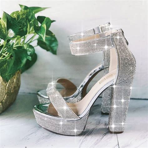 silver rhinestones block platform heel zapatos de tacón lindos zapatos de tacones zapatos mujer