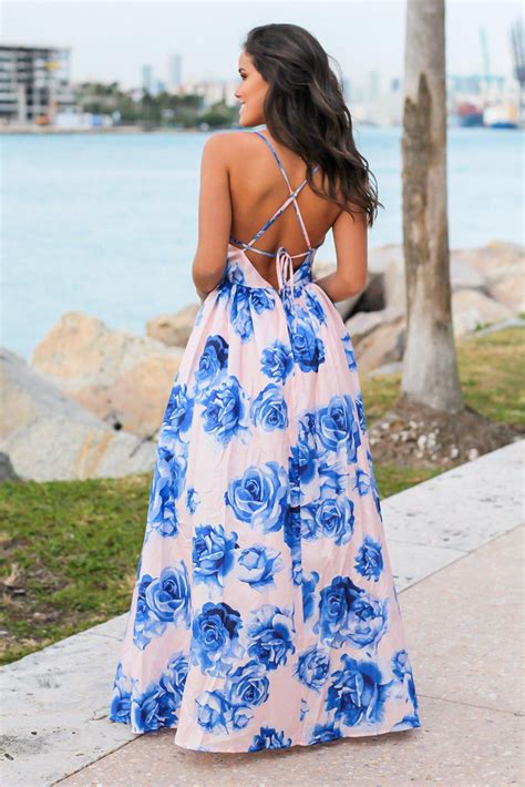 Blush And Blue Floral Maxi Dress With Criss Cross Back Maxi Dresses