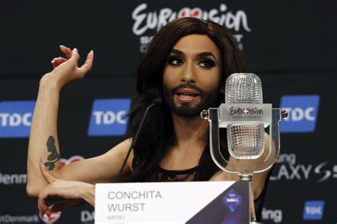 austrian drag queen conchita wurst addresses a news conference after winning the 59th annual