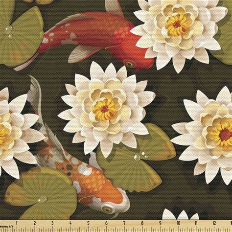Asian Fabric By The Yard Japanese Carp Koi Fish With Lotus Flowers