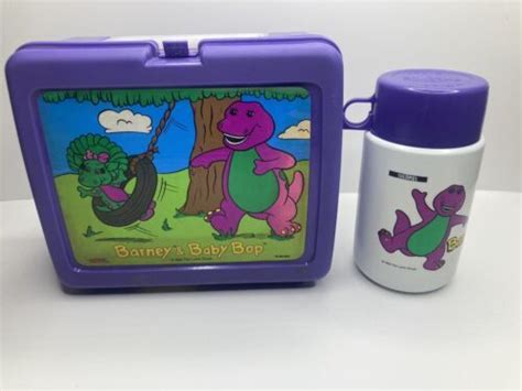 Vintage 1992 Barney And Baby Bop Plastic Lunch Box With Barney Thermos