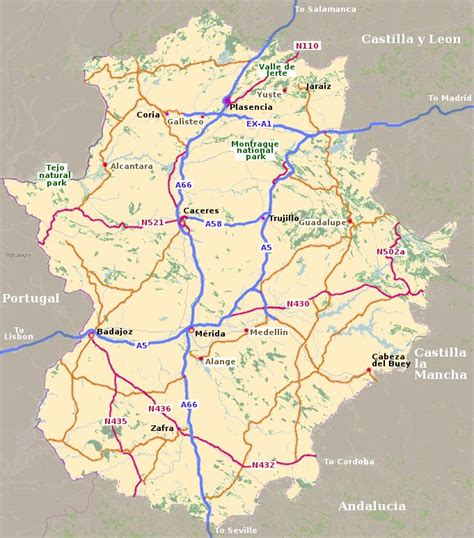 Map of Extremadura region, Spain