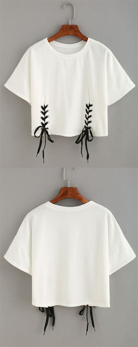 Make a simple diy shirt weave with looping. Double Lace-Up Hem Crop T-shirt... - Fashion | Diy clothes ...