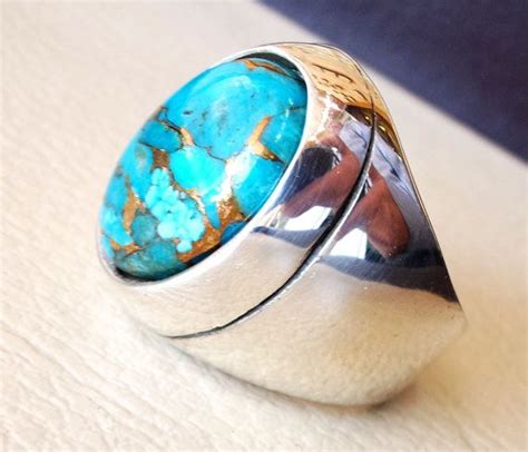 Copper Turquoise Natural Stone Men Heavy Sterling Silver 925 Ring Oval