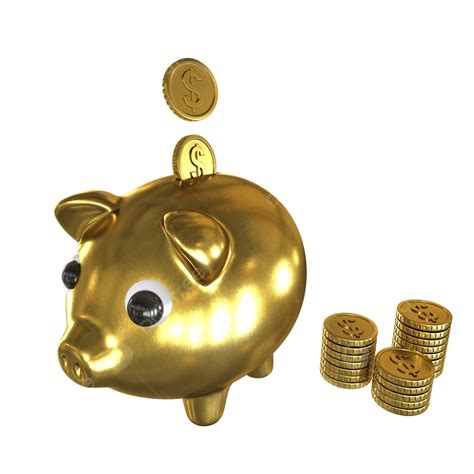 Gambar Syiling Emas 3d Dengan Piggy Bank Emas Png Syiling Emas 3d