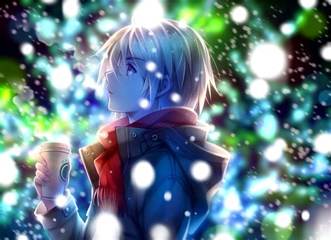 Wallpaper Snow Winter Coffee Anime Boy Profile View Red Scarf
