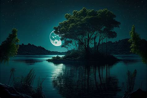 Night Landscape With A Lake Evening Moon Trees Sky Hd Wallpaper