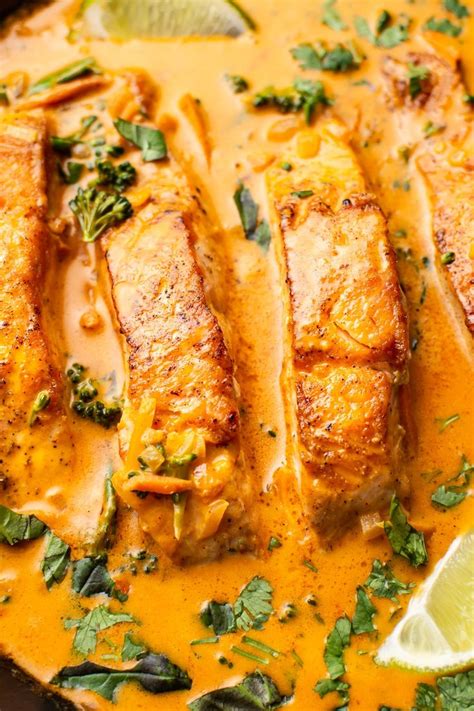 Pan Seared Salmon Is Smothered In A Thai Red Curry Coconut Sauce Its
