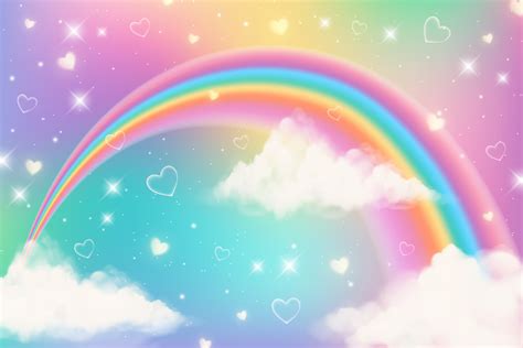 Fondo De Unicornio Arco Iris De Fantasía Holográfica Con Nubes Cielo